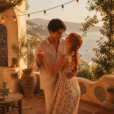 an original couple dancing under string lights in a garden at dusk: a man with short black hair in a linen shirt and a woman with braided red hair in a summer dress