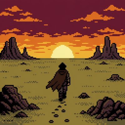 a solitary figure walking toward a glowing horizon across an empty plain, moody atmosphere, no text or lettering