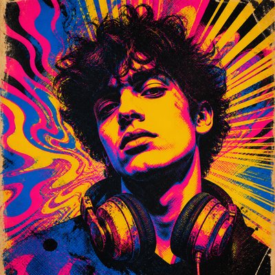 head-and-shoulders portrait of an original character: a young man with curly dark hair and headphones around his neck, plain backdrop, no text