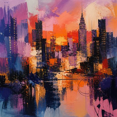 a city skyline at dusk with glowing windows
