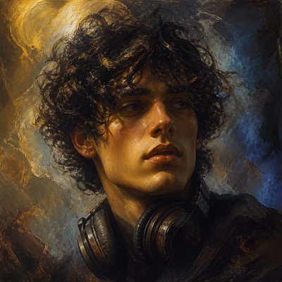 head-and-shoulders portrait of an original character: a young man with curly dark hair and headphones around his neck, plain backdrop, no text