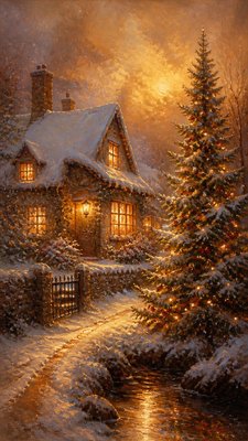 a snow-covered cottage with warm glowing windows beside a decorated pine tree, gentle snowfall, no text