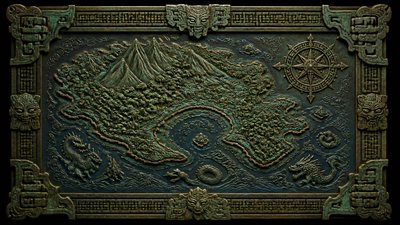 a map of an island realm with mountains, forests, a sheltered bay, sea monsters in the water and a compass rose, no text labels