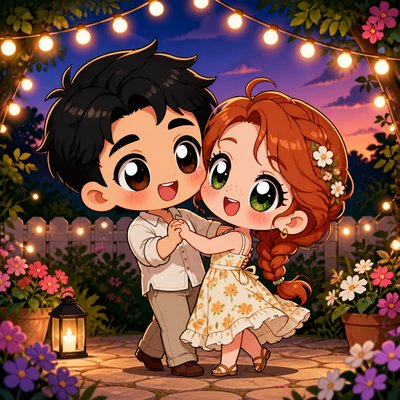 an original couple dancing under string lights in a garden at dusk: a man with short black hair in a linen shirt and a woman with braided red hair in a summer dress