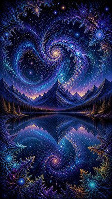a tranquil mountain lake beneath a starry night sky, no people, no text