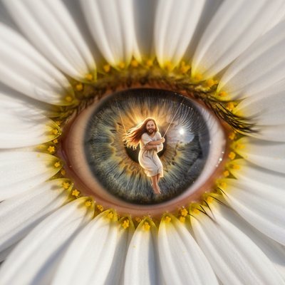 A close up of an eye. Around the eye are daisy petals - as if the eye is the center of the daisy. In the pupil a picture of Jesus swinging a little girl with long red hair, her arms around His neck, close-up view, macro perspective, joyful mood, golden hour color palette, god rays lighting, framing composition, masterpiece, best quality, ultra detailed, sharp focus, highly detailed
