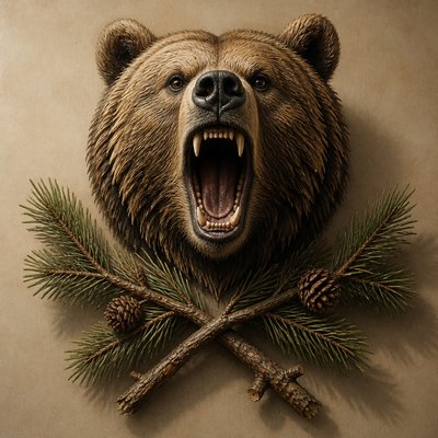 a roaring bear head above crossed pine branches, bold graphic composition on a plain background, no text