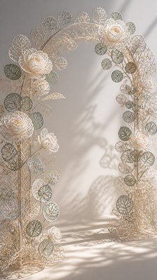 an arch of white roses and eucalyptus in soft morning light, elegant vertical composition with open space, no text
