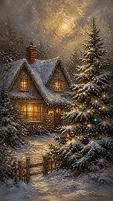 a snow-covered cottage with warm glowing windows beside a decorated pine tree, gentle snowfall, no text