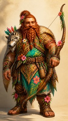 full-body original character: a dwarven ranger with a braided auburn beard, worn leather armor, a longbow and a wolf-pelt cloak, neutral background, no text