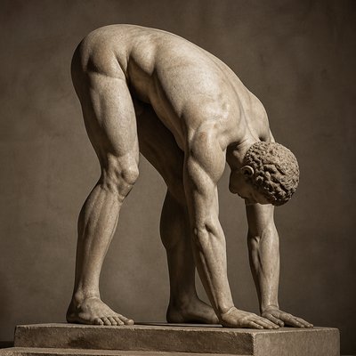 ancient greek athlete standing and bending torso and hands to the ground 