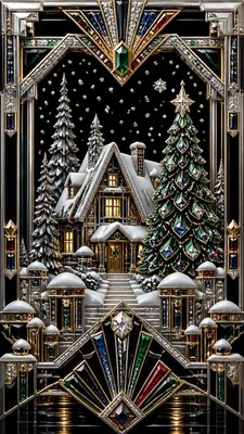 a snow-covered cottage with warm glowing windows beside a decorated pine tree, gentle snowfall, no text