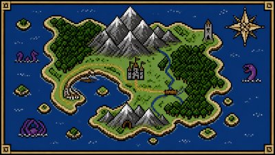 a map of an island realm with mountains, forests, a sheltered bay, sea monsters in the water and a compass rose, no text labels