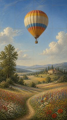 a hot air balloon drifting over rolling flower fields on a sunny day, cheerful, no text
