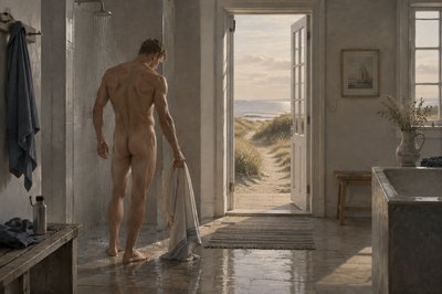 danish athlete dropping his towel in the shower after his morning swim