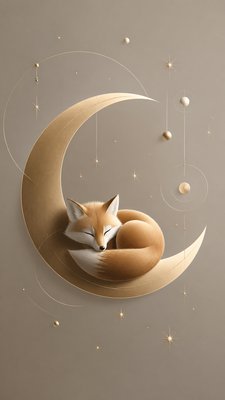 a sleeping baby fox curled on a crescent moon among soft stars, gentle and warm, no text