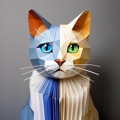 Low-poly geometric portrait of a cat's upper body facing slightly to the right, with shades of blue tones mixed with shades of. orange, brown, and golden yellow shades polygonal facets, with a large blue eye, black pupil, and subtle white highlight. The right eye is  a vibrant green eye, black pupil, and white highlight. Thin white whiskers extend from the muzzle on both sides. Solid medium-gray background. Style: minimalist vector art, faceted like origami or crystal, high contrast, no outlines except subtle edges, symmetrical split for a duality theme.

