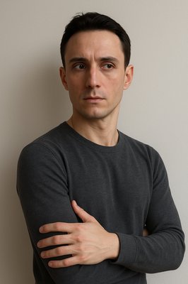 a man with his arms crossed posing for a picture