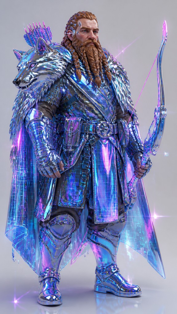 full-body original character: a dwarven ranger with a braided auburn beard, worn leather armor, a longbow and a wolf-pelt cloak, neutral background, no text
