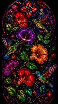a climbing vine of flowers and hummingbirds on a dark background, tall wrapping composition, no text