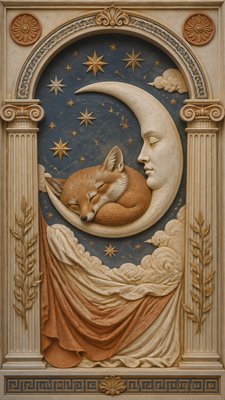 a sleeping baby fox curled on a crescent moon among soft stars, gentle and warm, no text
