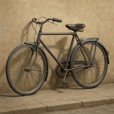 bicyle resting against a wall
