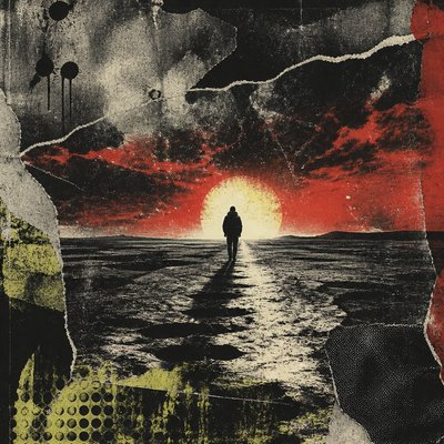 a solitary figure walking toward a glowing horizon across an empty plain, moody atmosphere, no text or lettering