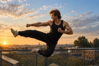 a man doing a kick flip on a fence