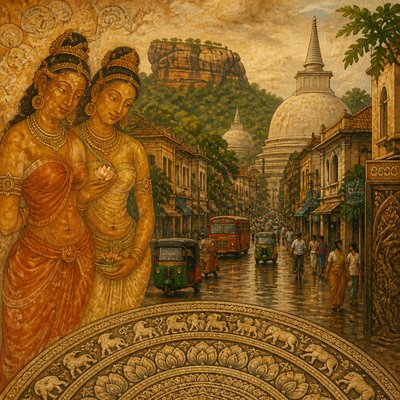 urban street with city activity — Sri Lankan Art Style