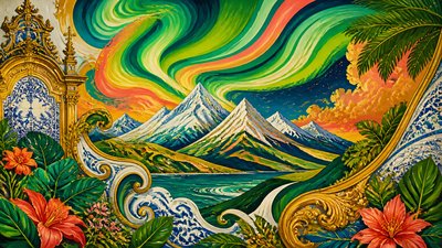a flowing aurora over snowy peaks, wide sweeping composition, no people, no text