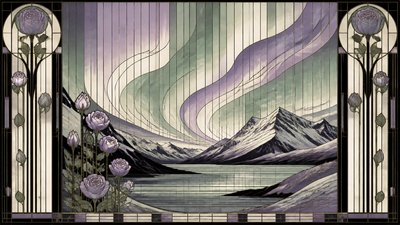 a flowing aurora over snowy peaks, wide sweeping composition, no people, no text