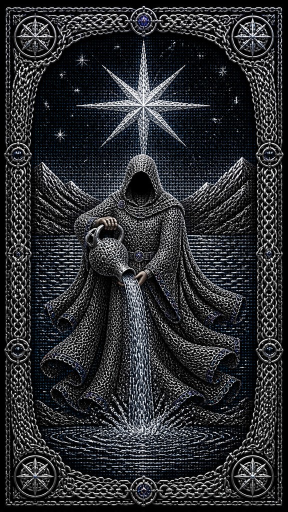 a robed figure pouring water beneath a large eight-pointed star in a night sky, symmetrical composition with an ornate decorative border, no text