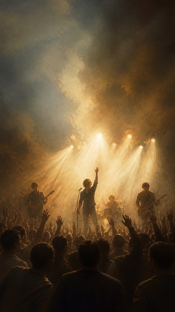 a live music scene with a glowing stage and silhouetted crowd, energetic vertical composition with open space at the top, no text