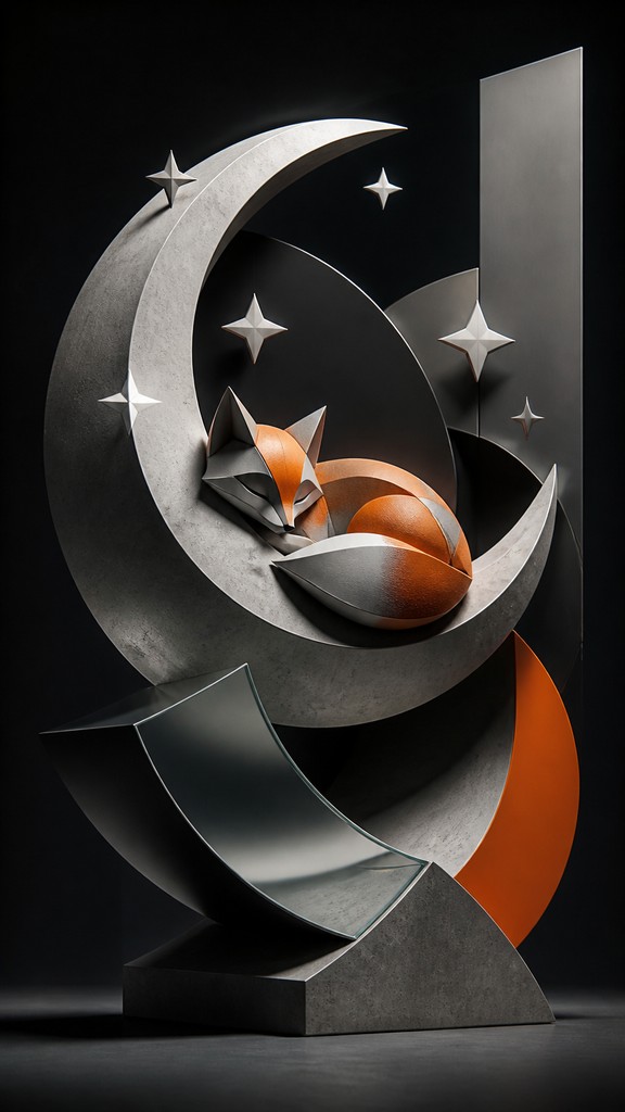a sleeping baby fox curled on a crescent moon among soft stars, gentle and warm, no text