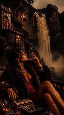towering waterfall cascading down a cliff