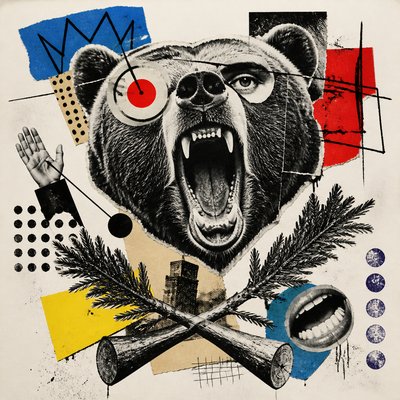 a roaring bear head above crossed pine branches, bold graphic composition on a plain background, no text