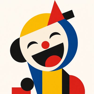 an exaggerated laughing face of an original round mascot character, bold and readable at small size, plain background, no text