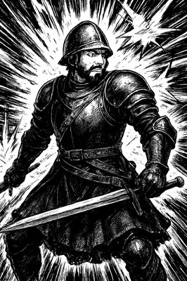 a painting of a man in armor holding two swords