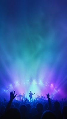a live music scene with a glowing stage and silhouetted crowd, energetic vertical composition with open space at the top, no text
