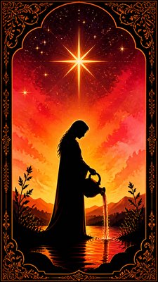 a robed figure pouring water beneath a large eight-pointed star in a night sky, symmetrical composition with an ornate decorative border, no text