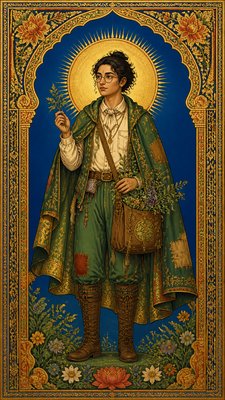 full-body original character: a wandering botanist with a satchel of plants, a patched green cloak, tall boots and round glasses, neutral background