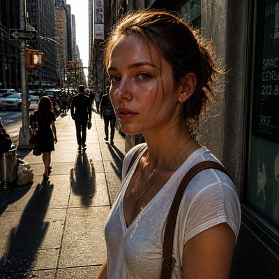 urban street with city activity — Hyperrealistic Portrait Art Style
