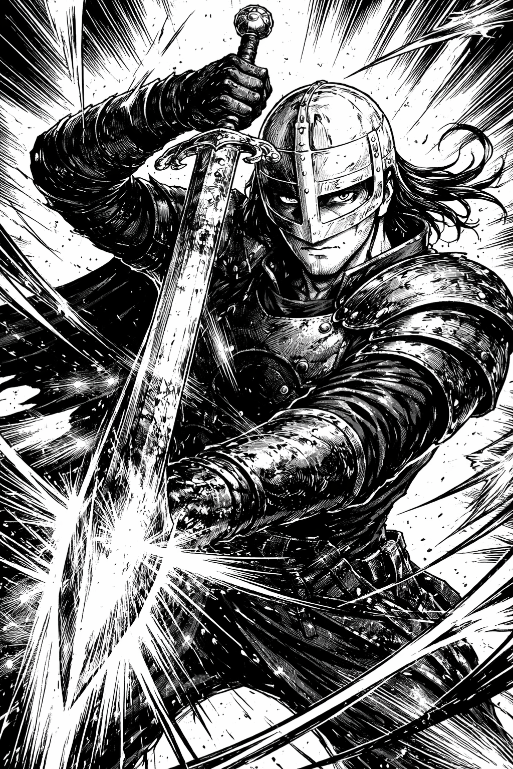 a black and white drawing of a knight holding a sword