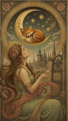 a sleeping baby fox curled on a crescent moon among soft stars, gentle and warm, no text