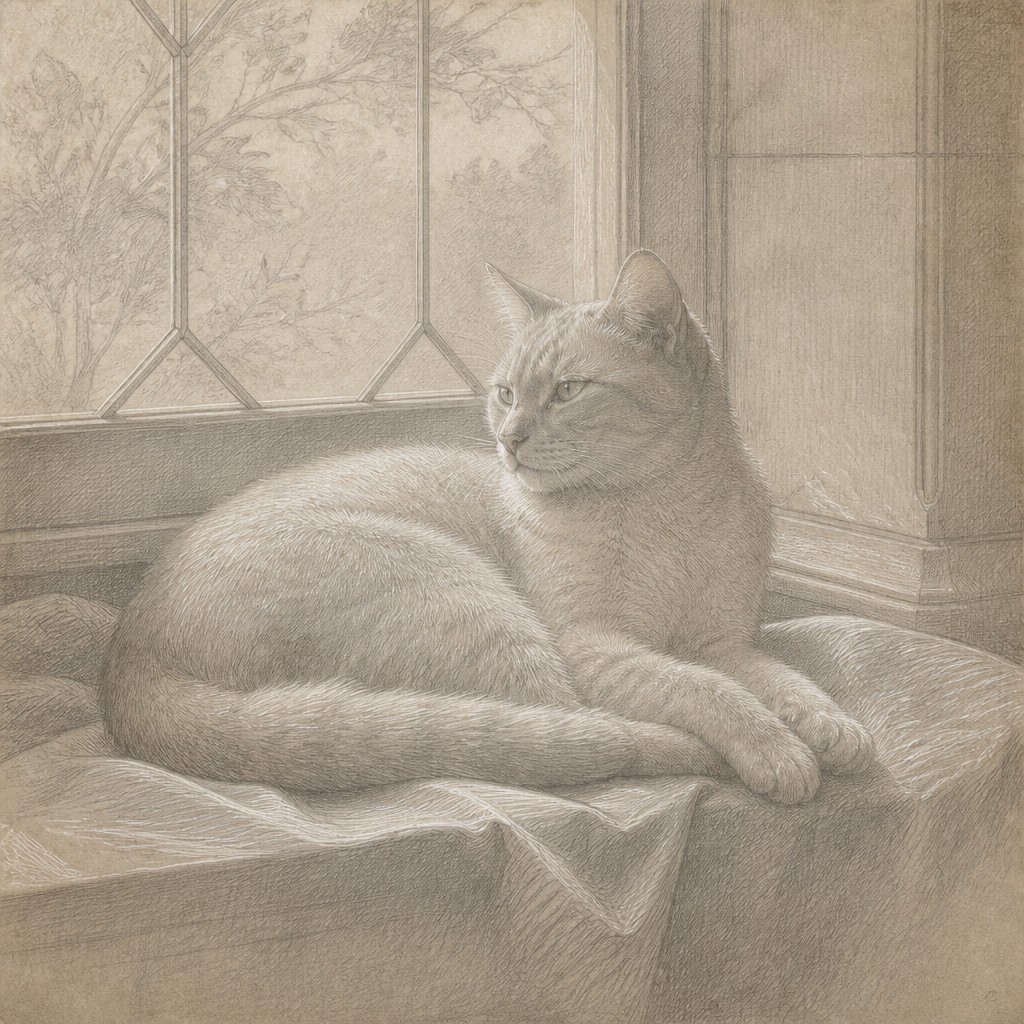 a cat lounging in a sunlit window — Silverpoint Drawing Style