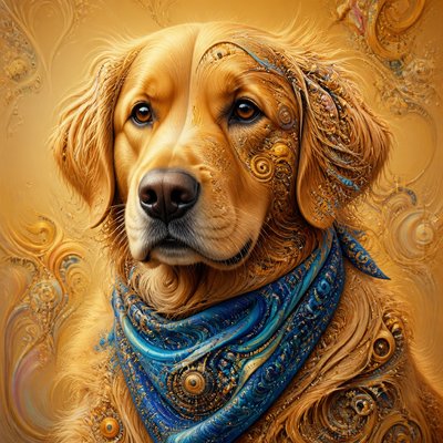 portrait of a golden retriever wearing a blue bandana, warm plain backdrop, no text