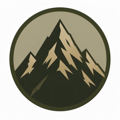 an emblem of a mountain peak inside a circle, simple bold shapes on a plain background, no text or lettering