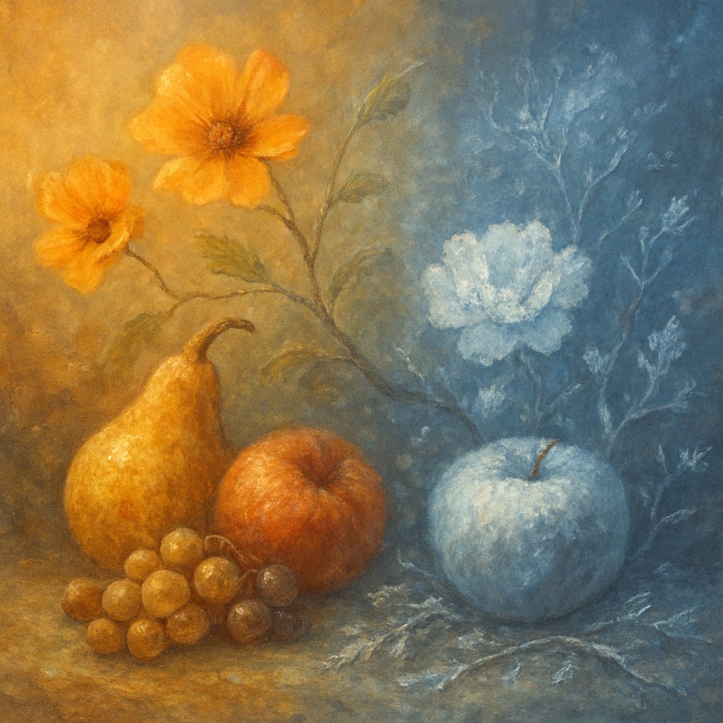 still life arrangement of fruits and flowers