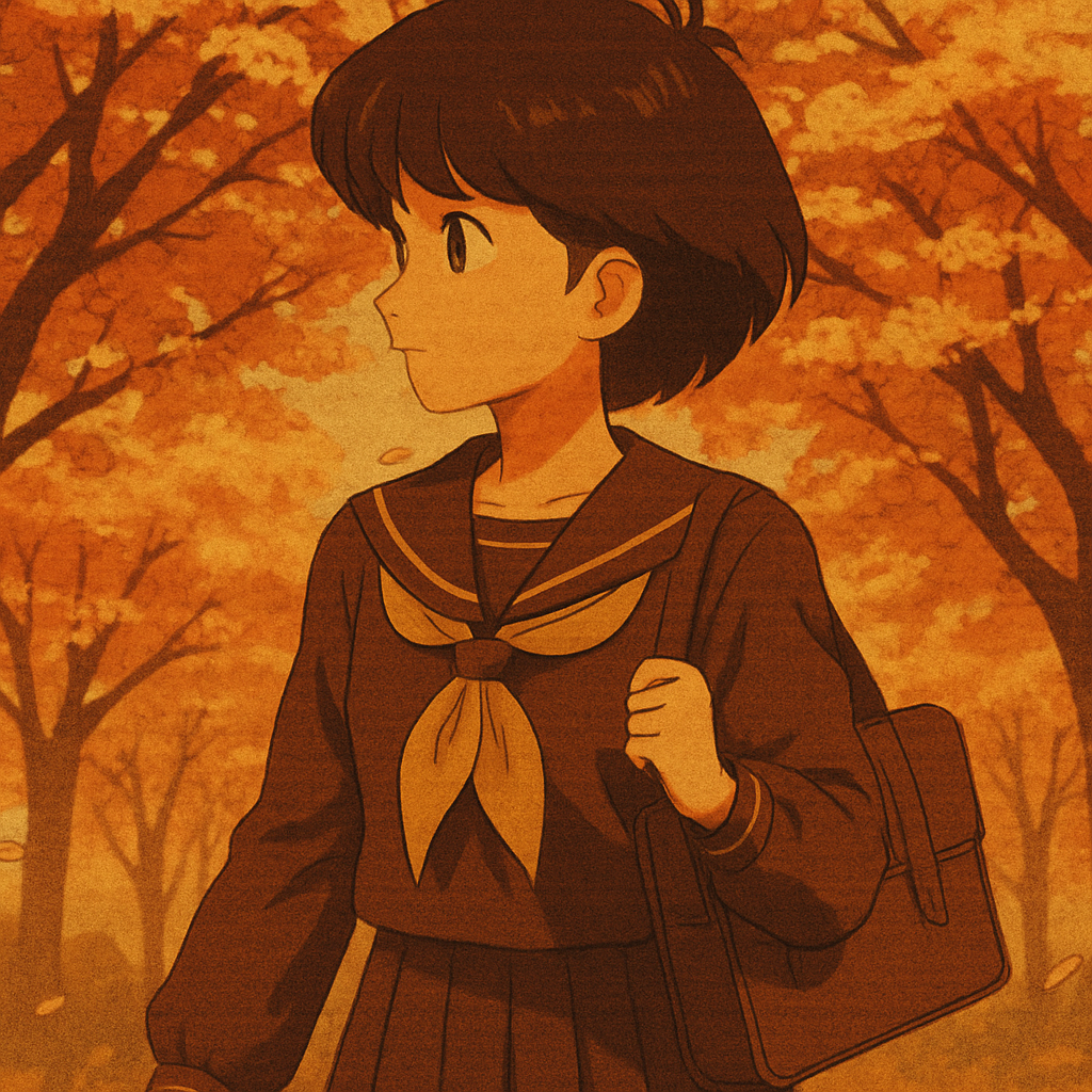 a student in 90s school uniform walking through cherry blossoms