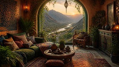 a vast valley with a river winding toward distant mountains at sunrise, no people, no text